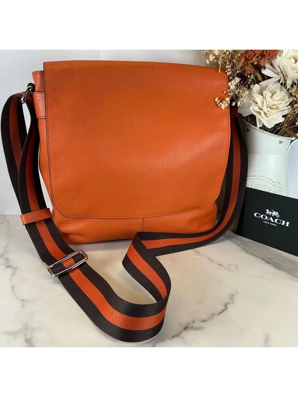 Coach Unisex Charles Messenger‎ Vibrant Orange Brown Leather Crossbody Bag